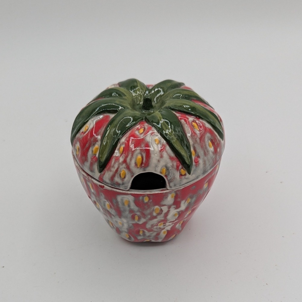 Vintage Signed Lana Ceramic Strawberry Jam Jar with Lid Red Fruit Sugar Bowl
